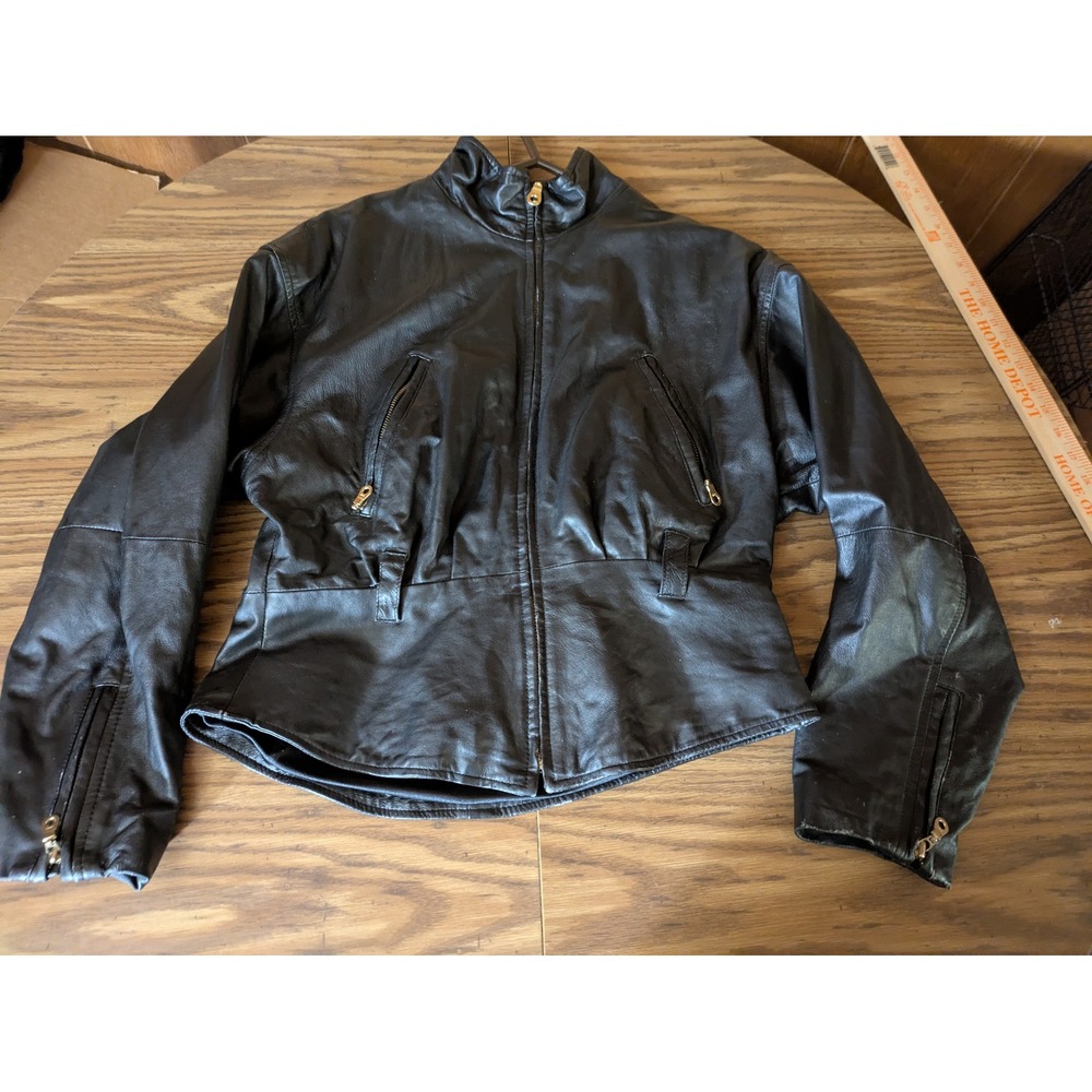 Wilsons Leather Experts Black Leather Moto Jacket Vintage Zip Front Womens Large